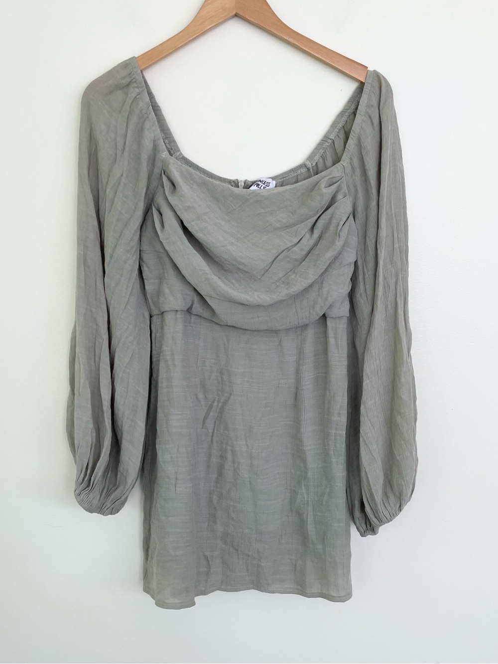 Princess Polly Square Neck Puff Sleeve Sage Green Mini Dress Sz 8 Gathered Flowy